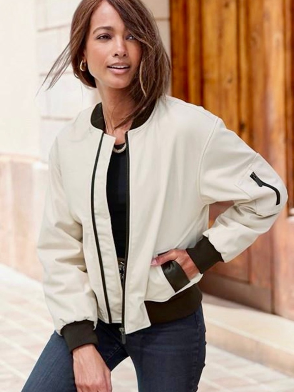 Womens Ivory Bomber Jacket with Contrast Trim